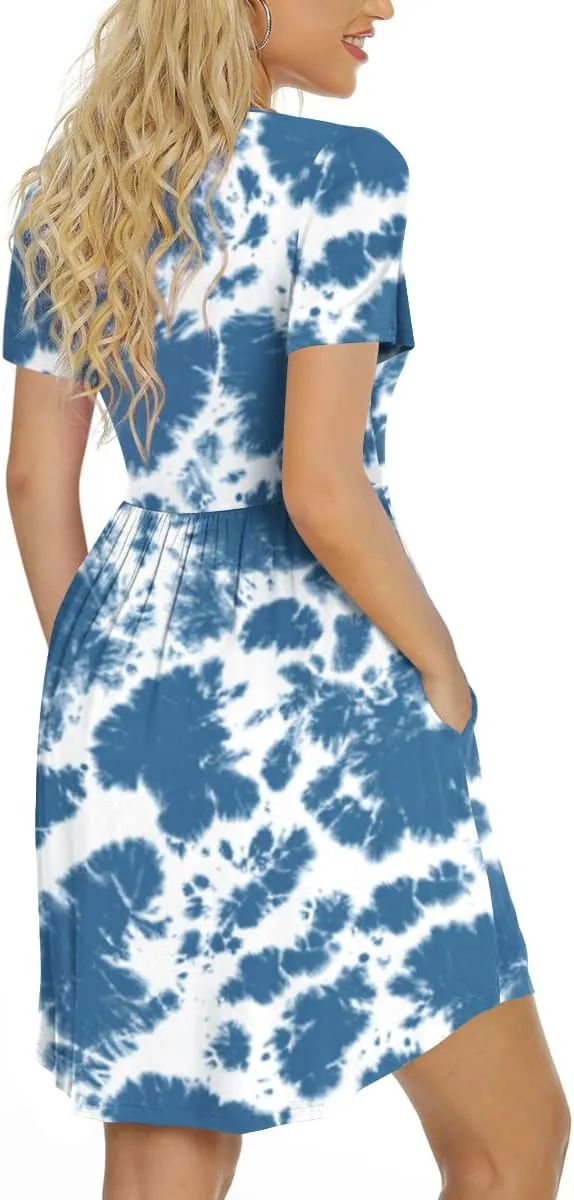 LONGYUAN Women's Casual Dresses 2025 Summer Short Sleeve Dress Hide Belly Loose Fit Sundress with Pockets S-3XL