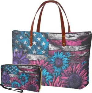 Lotusorchid 2 Pcs Hand bags Purses, Women Top Handle Bag Satchel Shoulder Bag, Large Tote Handbag with PU Wallet