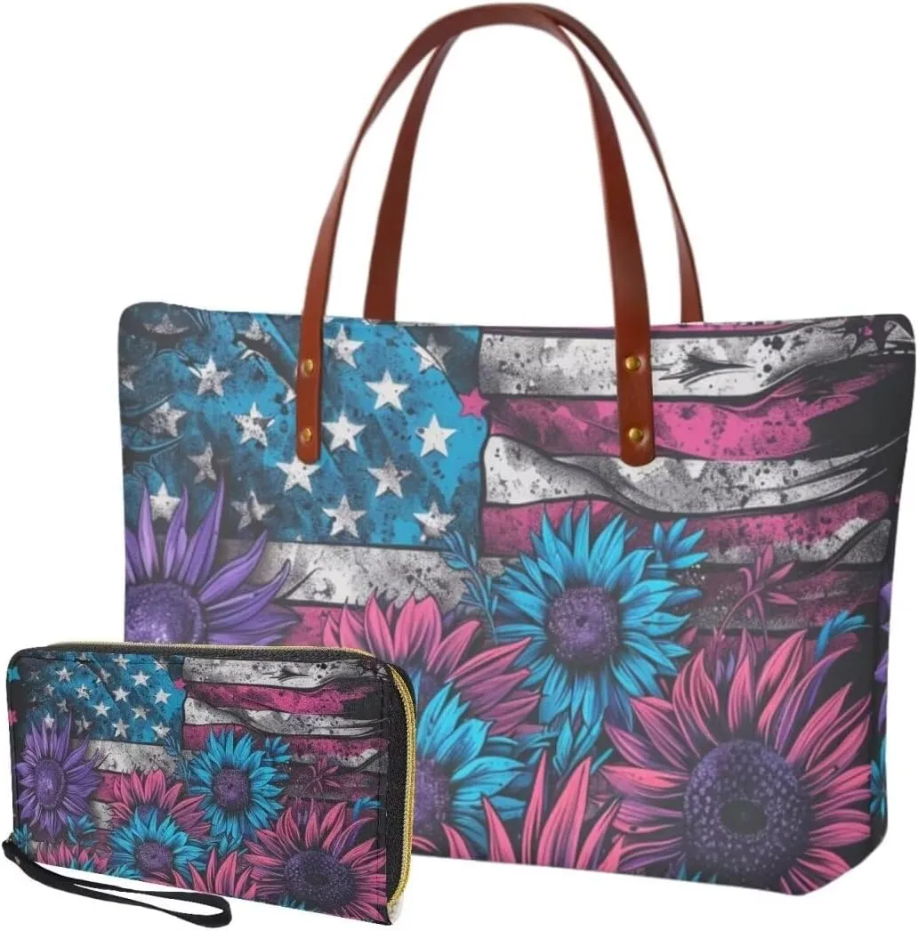 Lotusorchid 2 Pcs Hand bags Purses, Women Top Handle Bag Satchel Shoulder Bag, Large Tote Handbag with PU Wallet