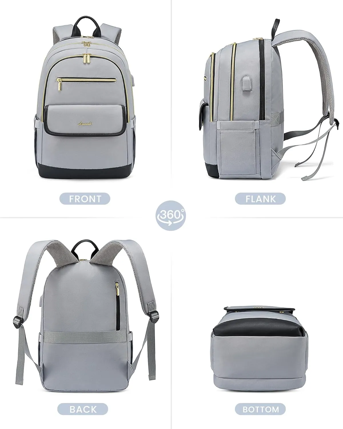 LOVEVOOK Laptop Backpack for Women,15.6 Inch Fashion Travel Backpack,Large Capacity Backpack Purse with USB,Water-resistant fits College Work Business Travel（Black & Grey）
