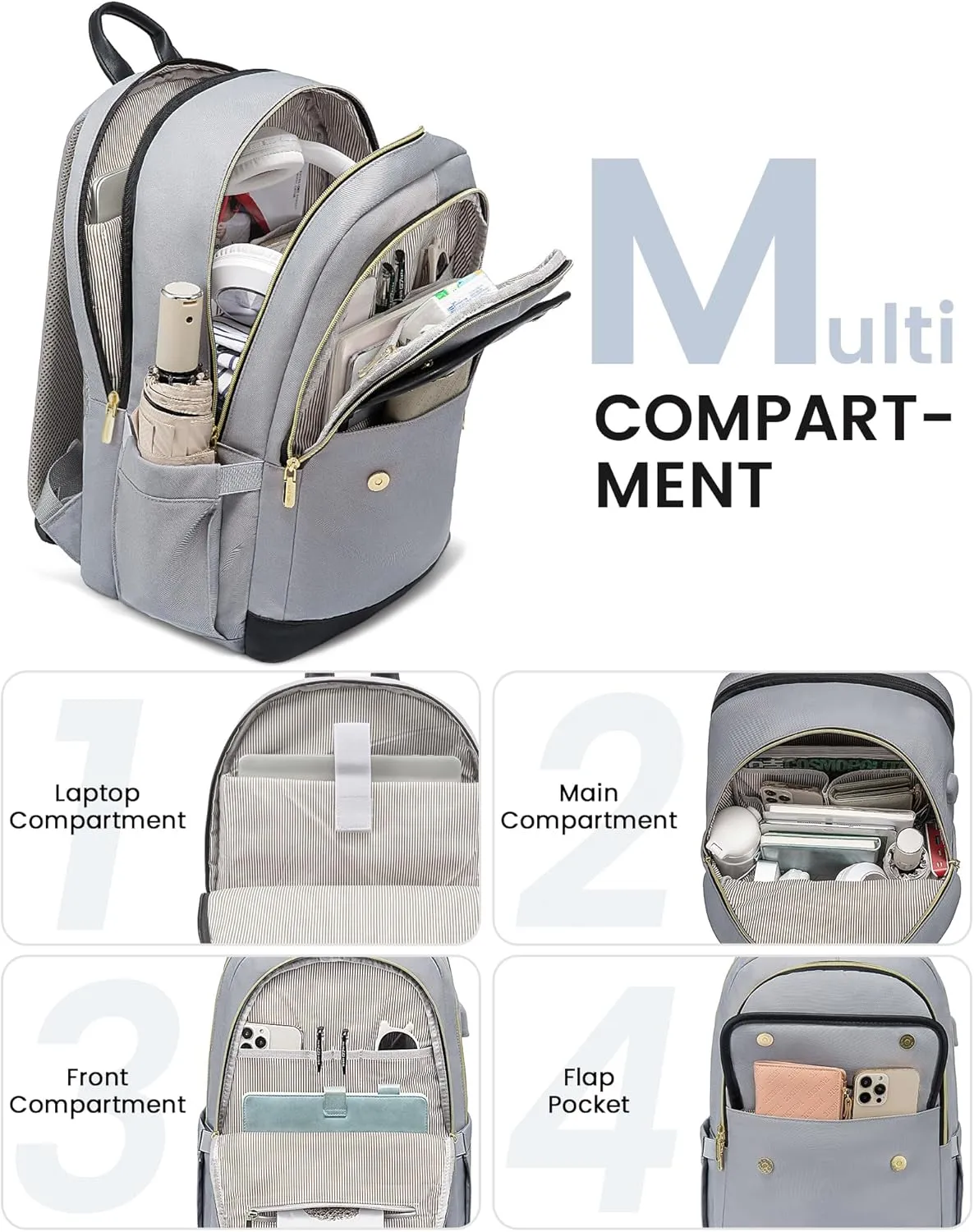 LOVEVOOK Laptop Backpack for Women,15.6 Inch Fashion Travel Backpack,Large Capacity Backpack Purse with USB,Water-resistant fits College Work Business Travel（Black & Grey）
