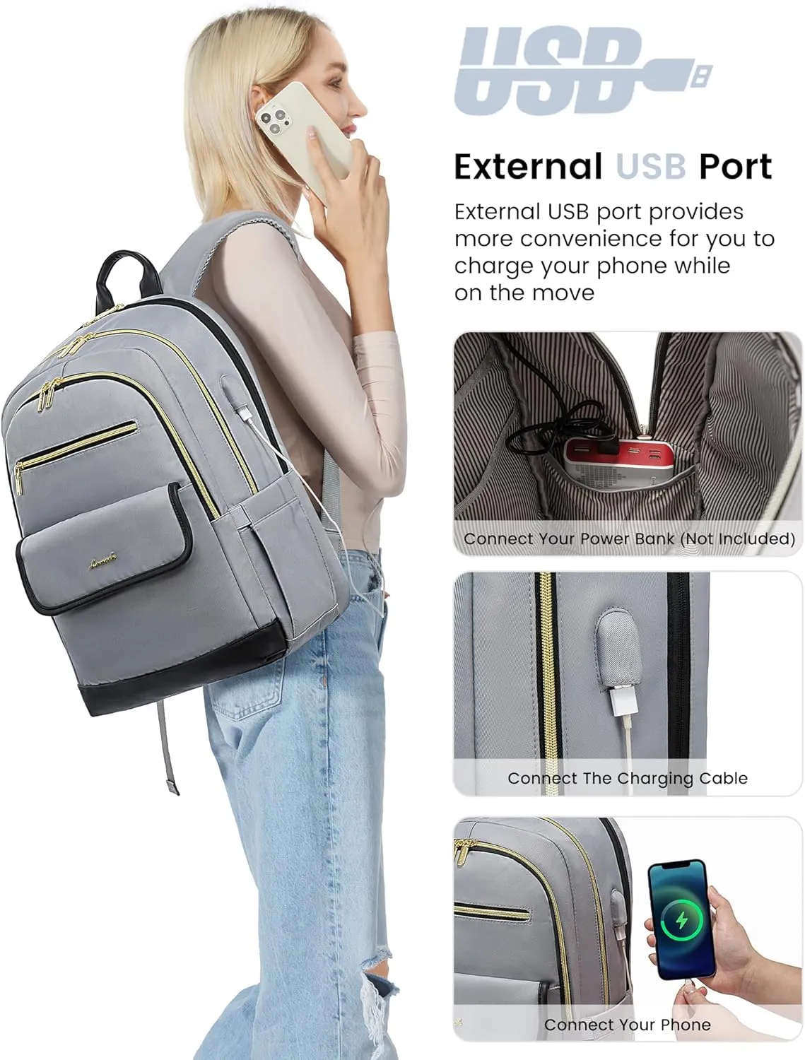 LOVEVOOK Laptop Backpack for Women,15.6 Inch Fashion Travel Backpack,Large Capacity Backpack Purse with USB,Water-resistant fits College Work Business Travel（Black & Grey）