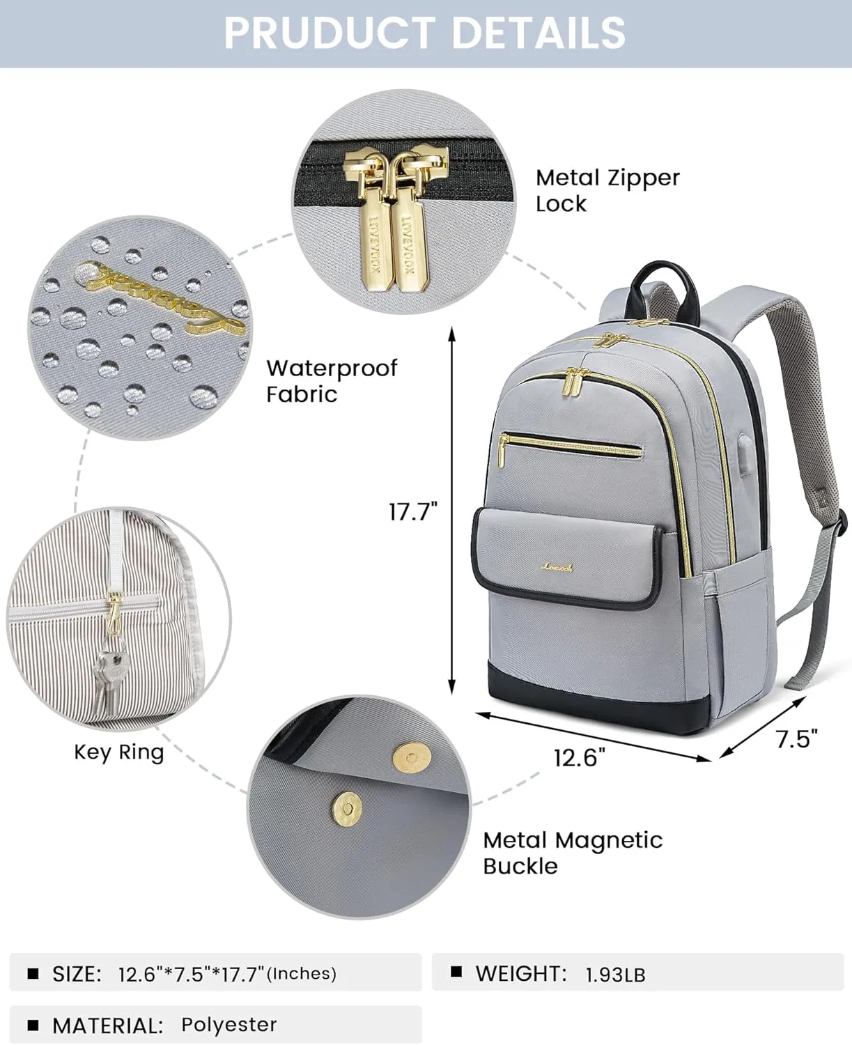 LOVEVOOK Laptop Backpack for Women,15.6 Inch Fashion Travel Backpack,Large Capacity Backpack Purse with USB,Water-resistant fits College Work Business Travel（Black & Grey）