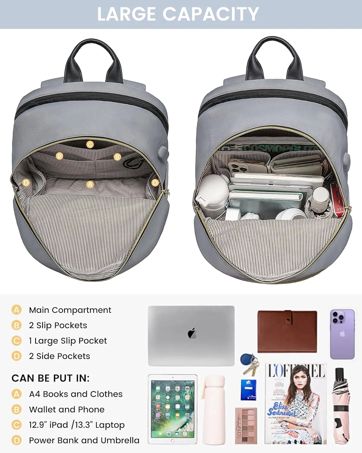 LOVEVOOK Laptop Backpack for Women,15.6 Inch Fashion Travel Backpack,Large Capacity Backpack Purse with USB,Water-resistant fits College Work Business Travel（Black & Grey）