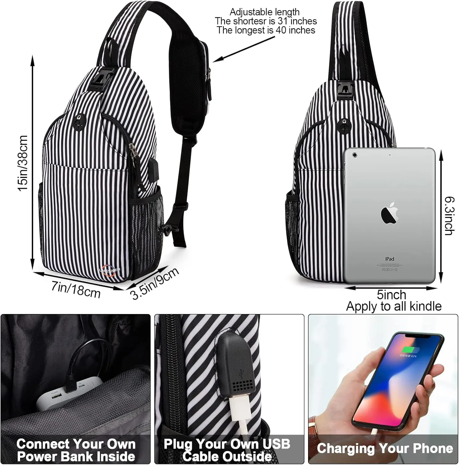 Lumesner Sling Bag Crossbody Backpack with USB Charging Port,Hiking Daypack Shoulder Bag Chest Bag for Hiking Walking Travel
