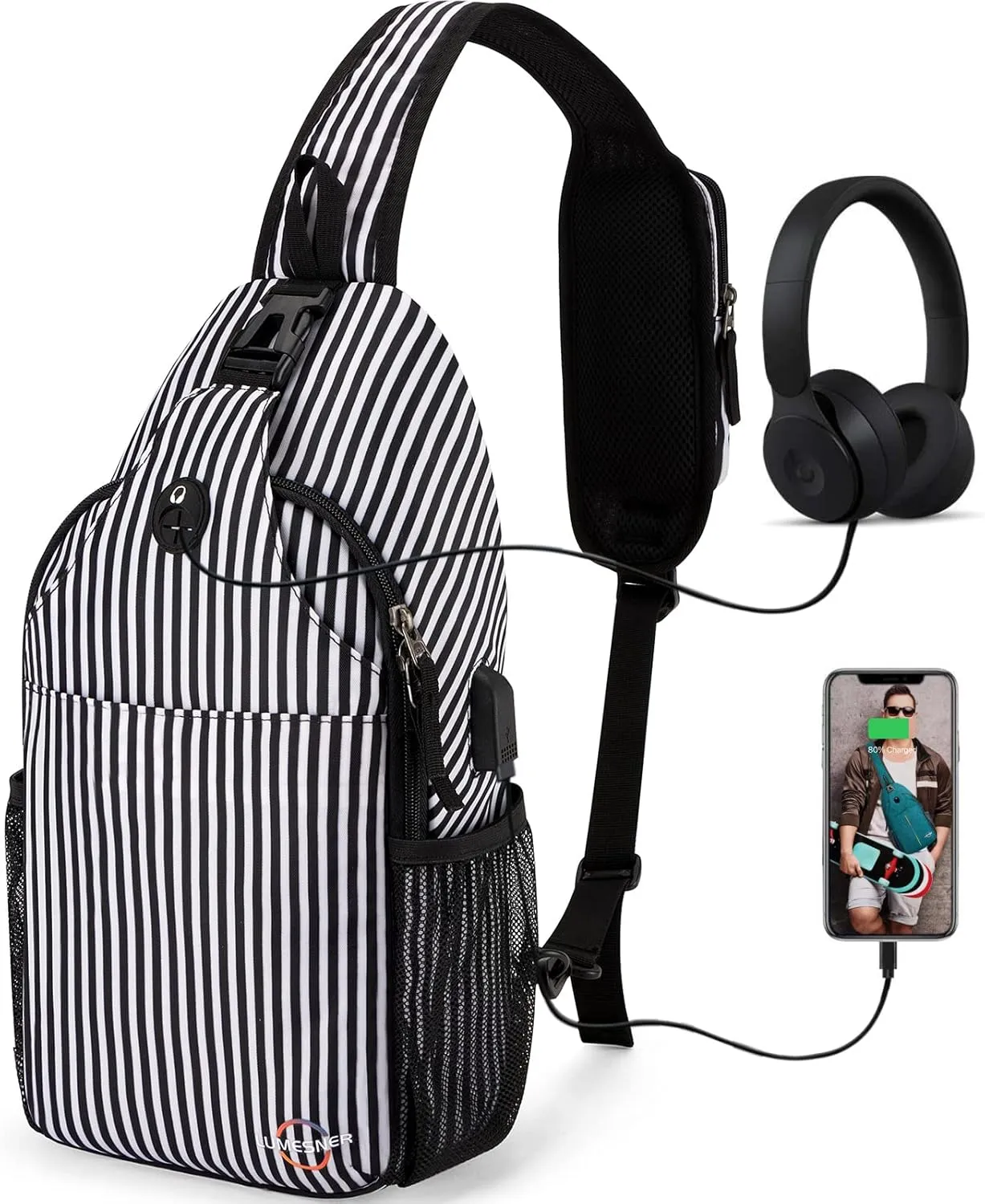 Lumesner Sling Bag Crossbody Backpack with USB Charging Port,Hiking Daypack Shoulder Bag Chest Bag for Hiking Walking Travel