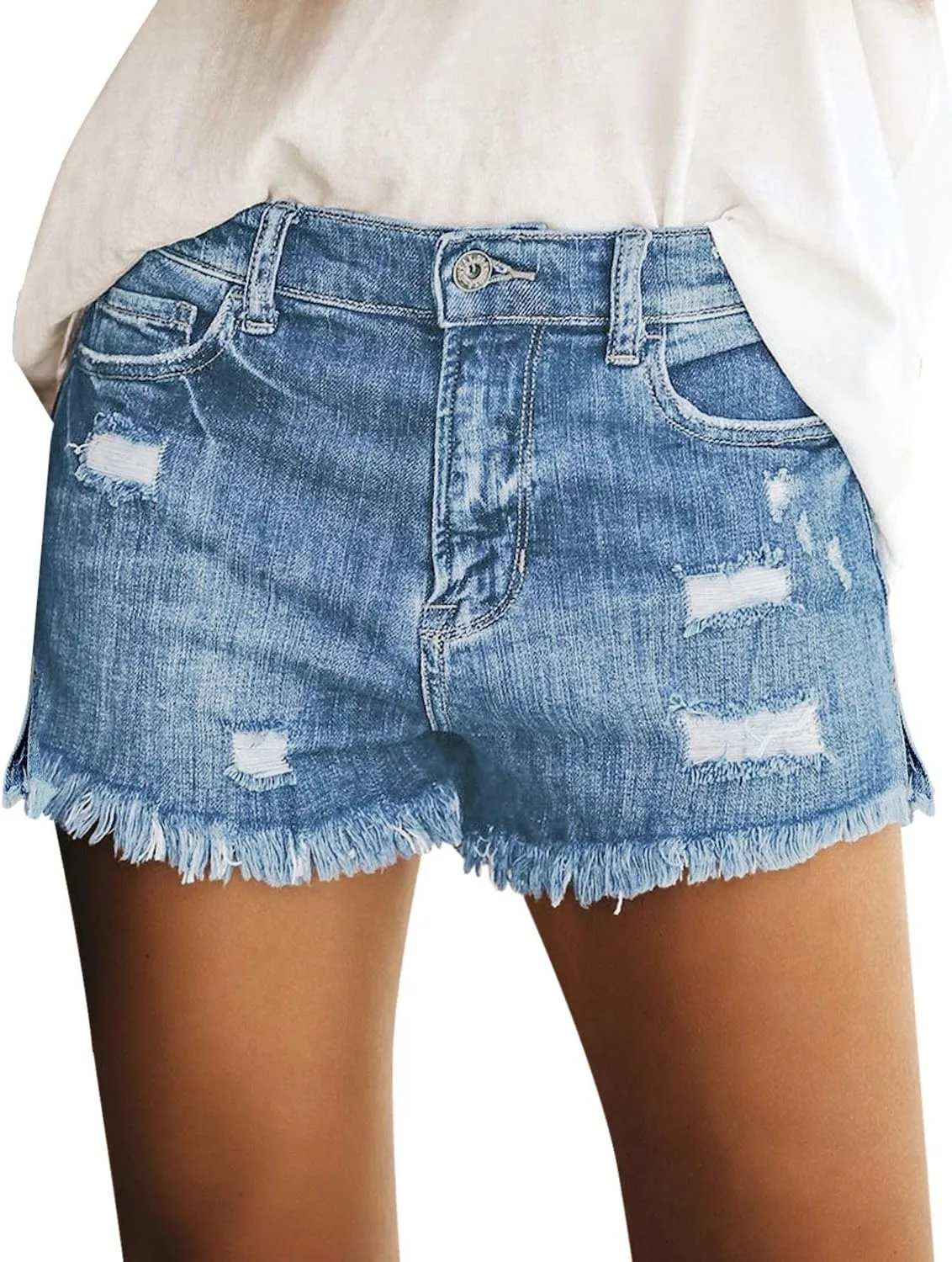 luvamia Women's Casual Mid Rise Denim Shorts Stretch Ripped Raw Hem Jean Shorts