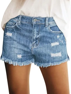 luvamia Women's Casual Mid Rise Denim Shorts Stretch Ripped Raw Hem Jean Shorts