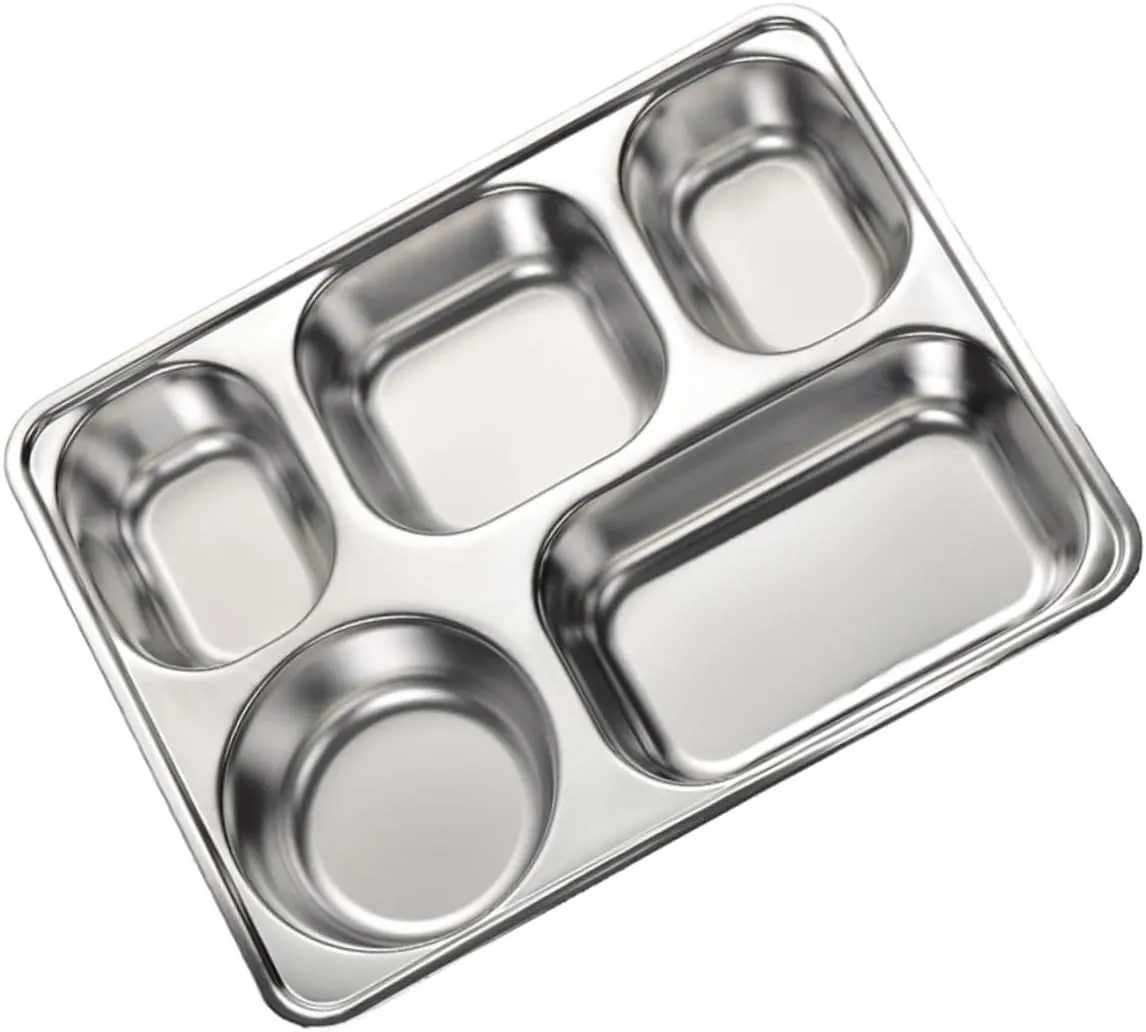 Luxshiny 1pc Stainless Steel Divided Plate Section Food Serving Tray for Lunch Camping and Picnics Easy to Clean Smooth Edges Portion Control Material Lunch Compartment Tray