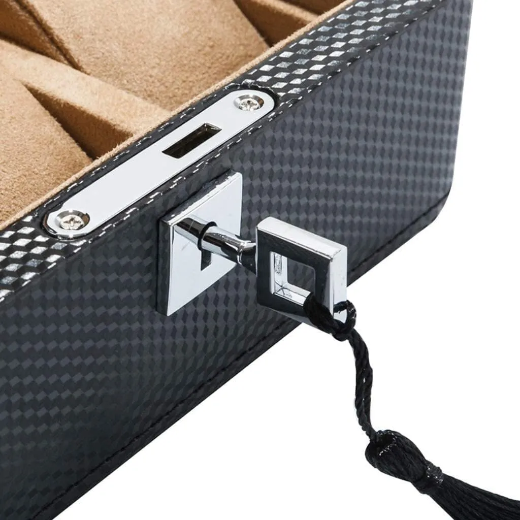 Luxury Carbon Fiber Watch Display Box, 3 Slots Jewelry Storage Box with Lockable Metal Lock for Watches, Bracelets