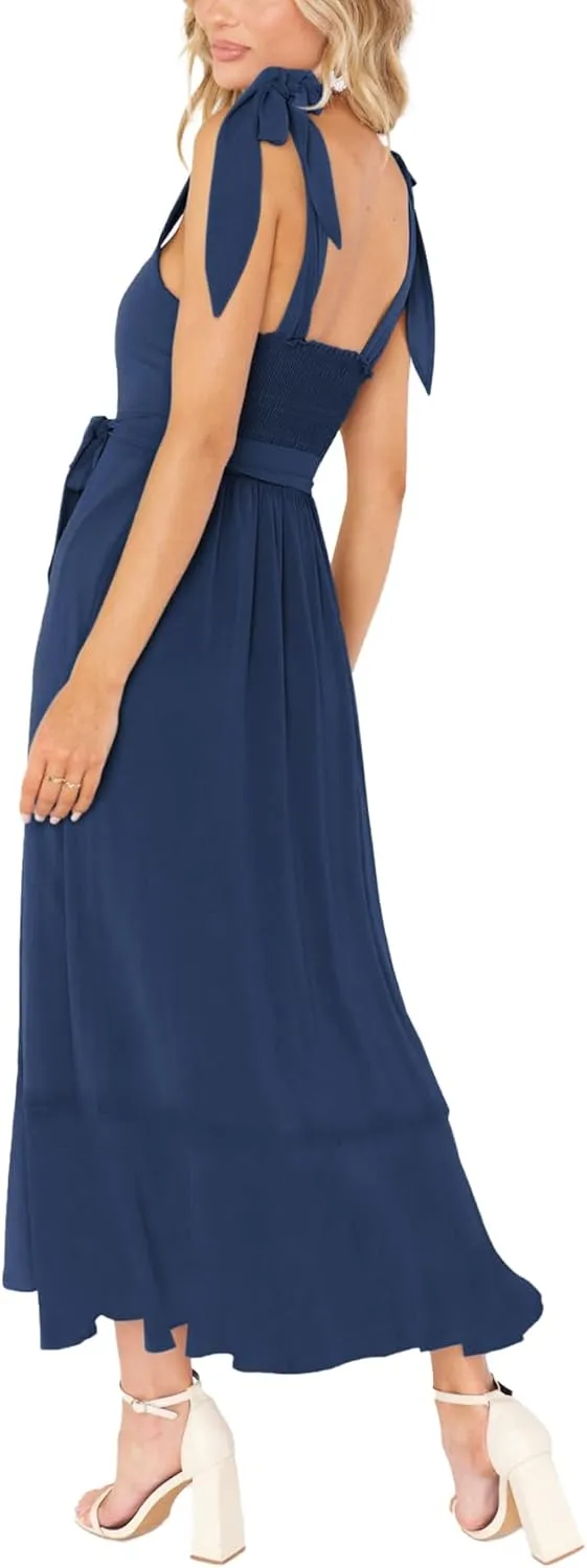 LYANER Women's Spaghetti Strap Square Neck Sleeveless High Waist Split Ruffle Hem Midi Dress
