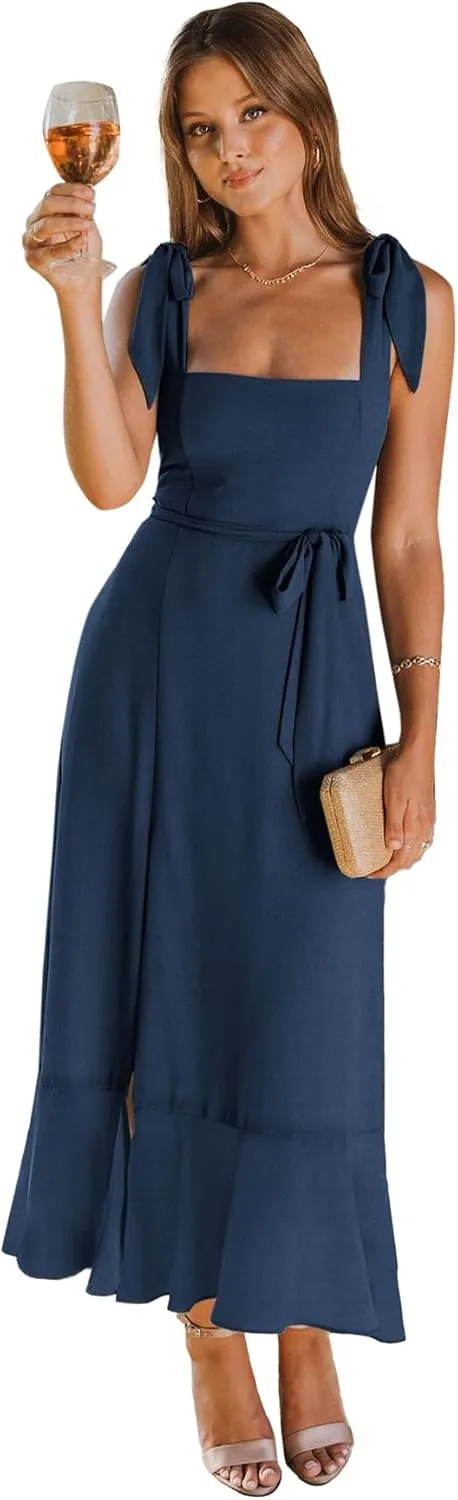 LYANER Women's Spaghetti Strap Square Neck Sleeveless High Waist Split Ruffle Hem Midi Dress