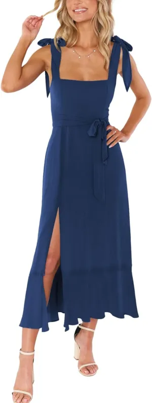 LYANER Women's Spaghetti Strap Square Neck Sleeveless High Waist Split Ruffle Hem Midi Dress