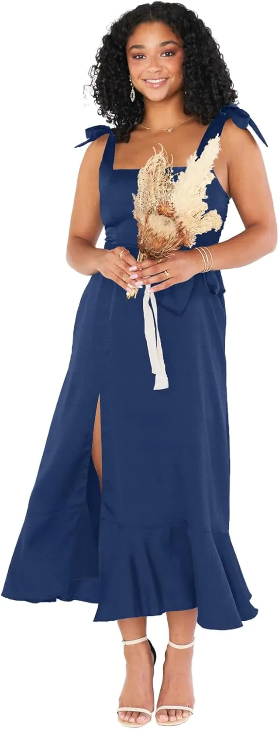LYANER Women's Spaghetti Strap Square Neck Sleeveless High Waist Split Ruffle Hem Midi Dress