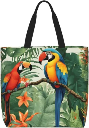 (Macaw And Toucan Perching Of Rainforests) Tote Bag For Women Large Reusable Shoulder Handbag Casual Shopping Travel Work Beach Grocery Bag