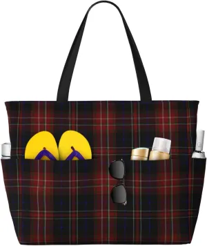 Macdonald Tartan Plaid Black Red Beach Bag Women Tote Bag Pool Bag With Zipper For Gym Grocery Travel With Wet Pocket