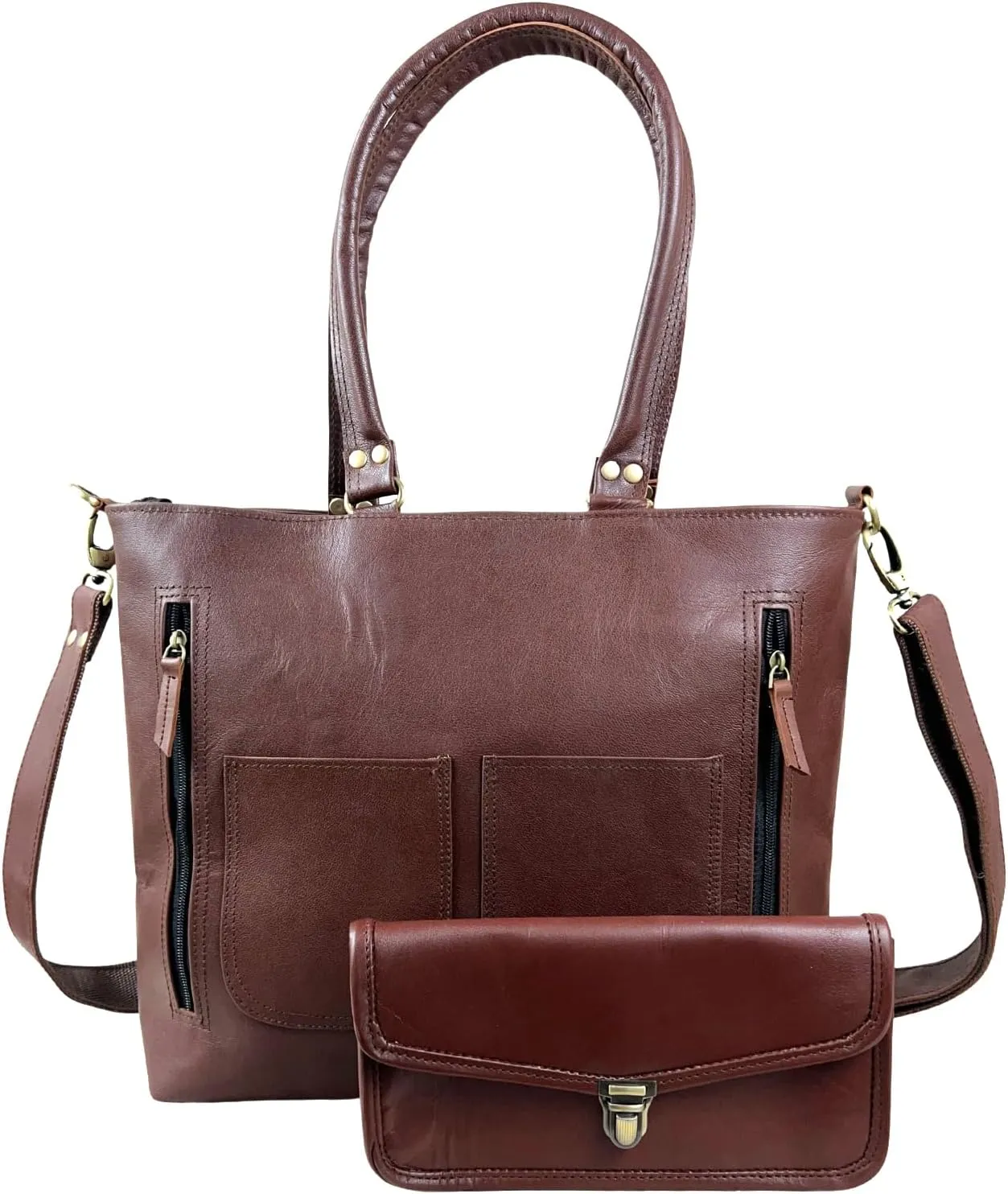 Madosh Womens Tote Handbag Genuine Leather Shoulder Purse Satchel Crossbody Ladies Brown Bag