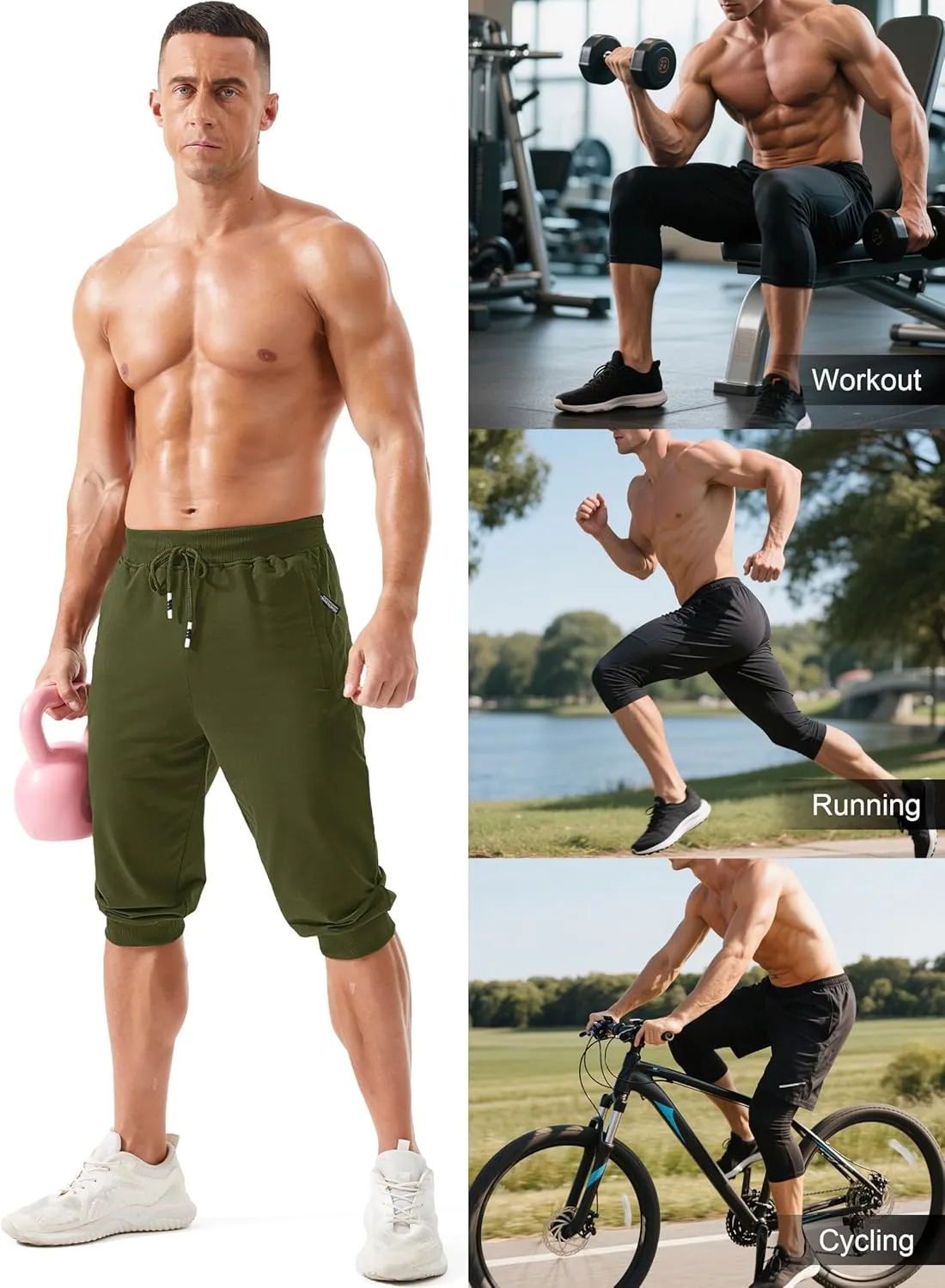 MAGCOMSEN Men's 3/4 Joggers Capri Pants with Zipper Pockets Slim Fit Training Running Workout Capri Joggers