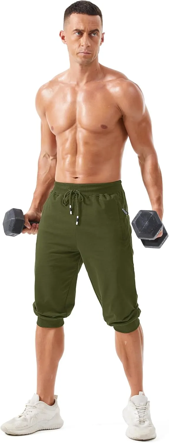 MAGCOMSEN Men's 3/4 Joggers Capri Pants with Zipper Pockets Slim Fit Training Running Workout Capri Joggers