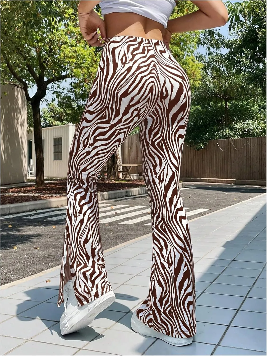 MakeMeChic Women's Leopard Pants Cheetah Print Pants Leggings Y2k High Waisted Bell Bottom