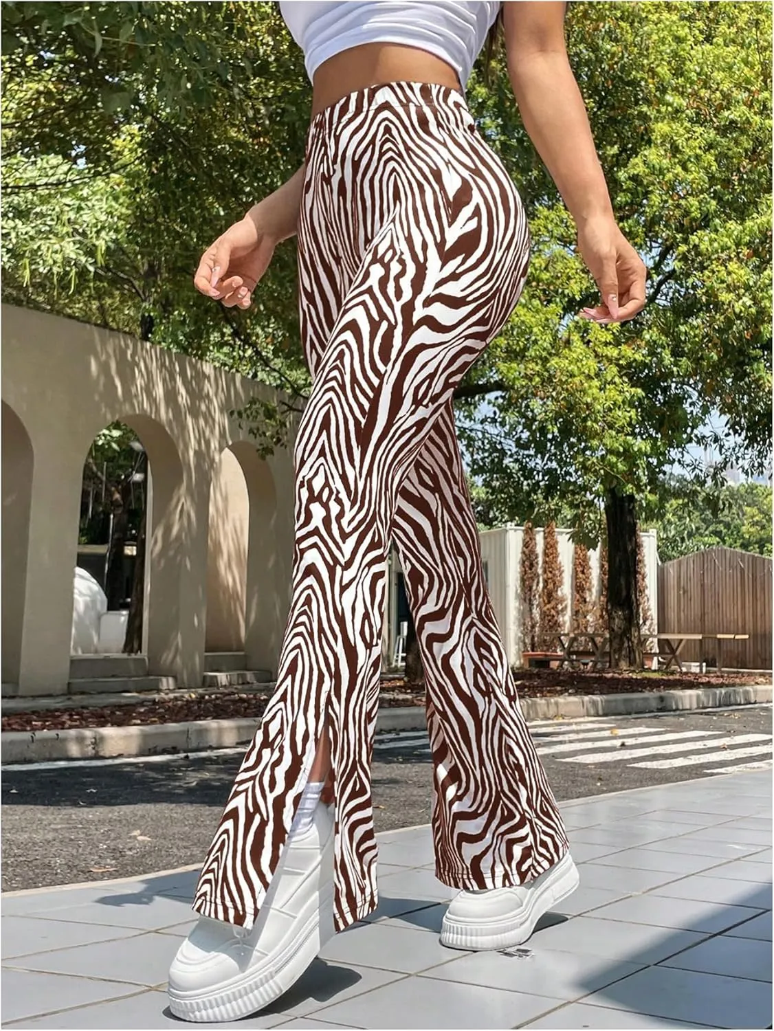 MakeMeChic Women's Leopard Pants Cheetah Print Pants Leggings Y2k High Waisted Bell Bottom