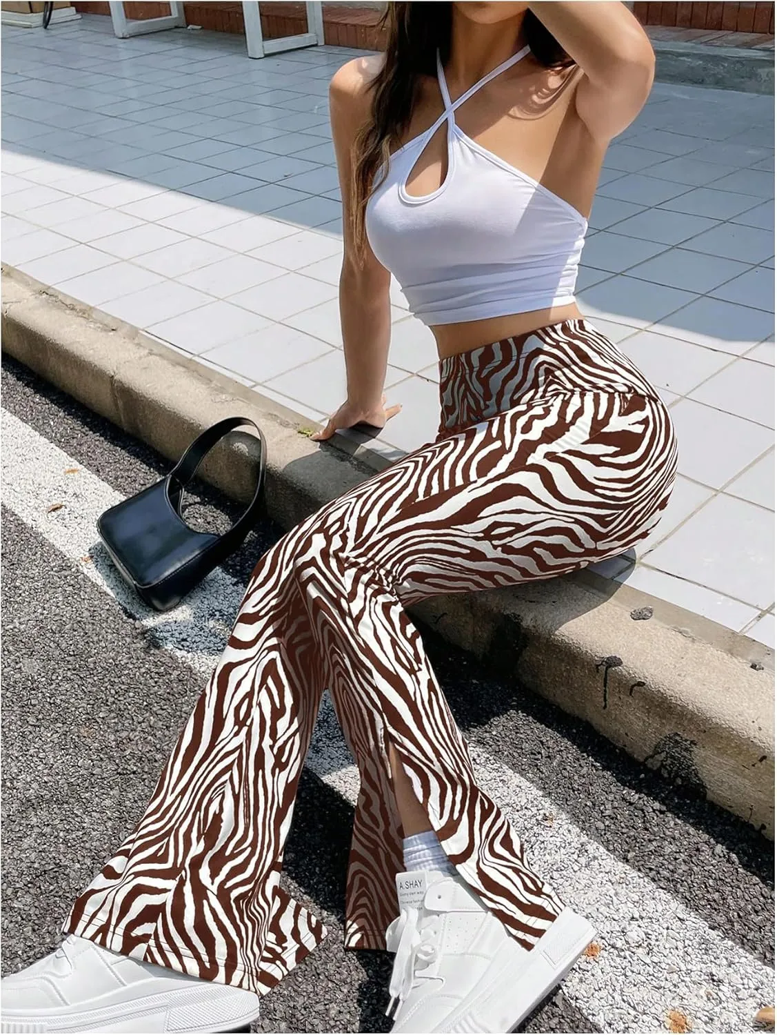 MakeMeChic Women's Leopard Pants Cheetah Print Pants Leggings Y2k High Waisted Bell Bottom