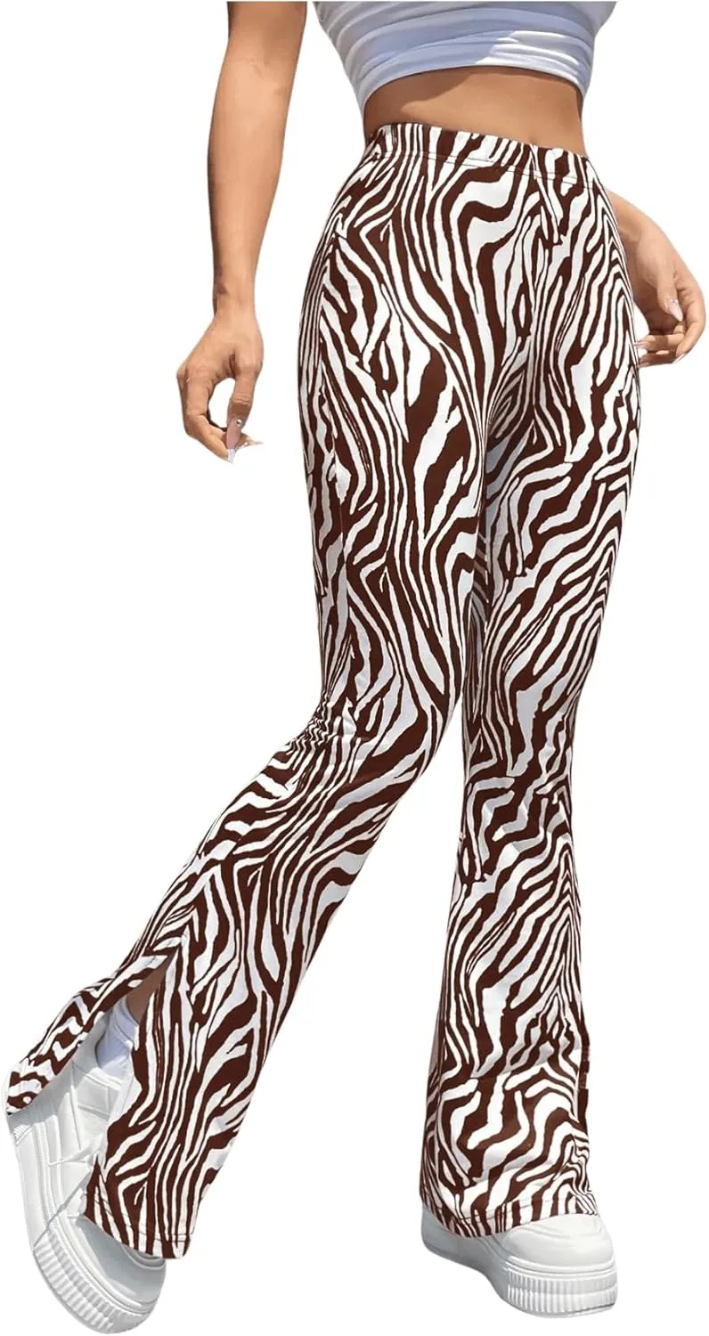 MakeMeChic Women's Leopard Pants Cheetah Print Pants Leggings Y2k High Waisted Bell Bottom