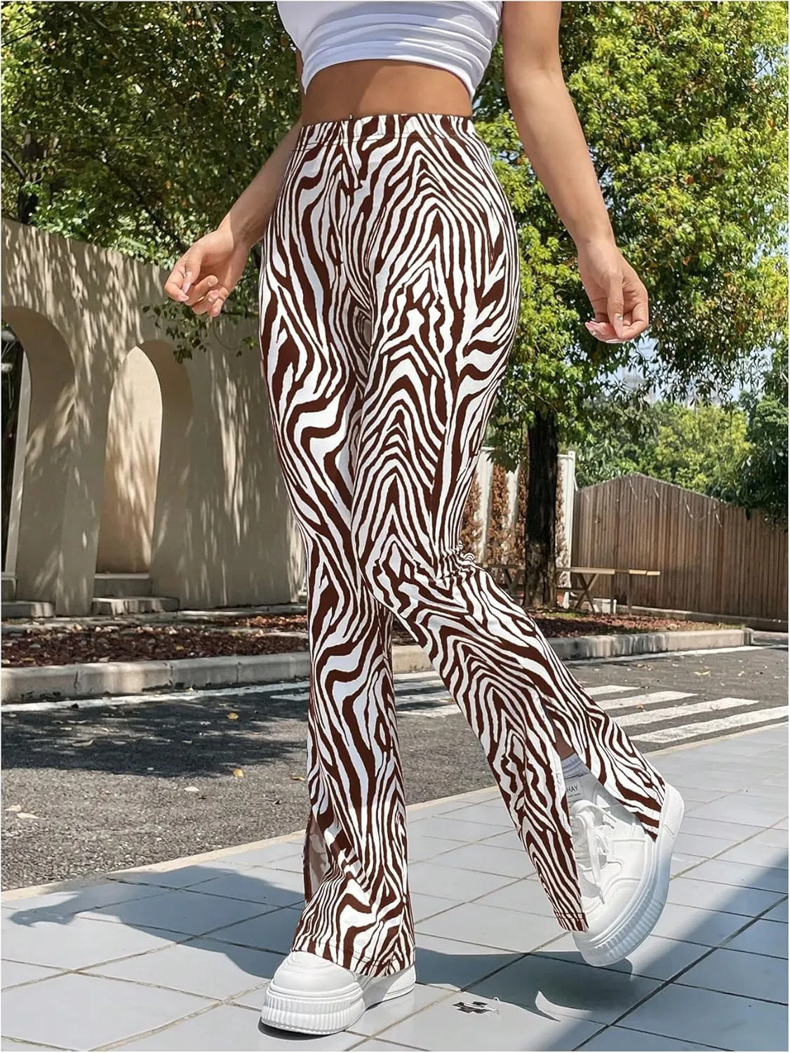 MakeMeChic Women's Leopard Pants Cheetah Print Pants Leggings Y2k High Waisted Bell Bottom