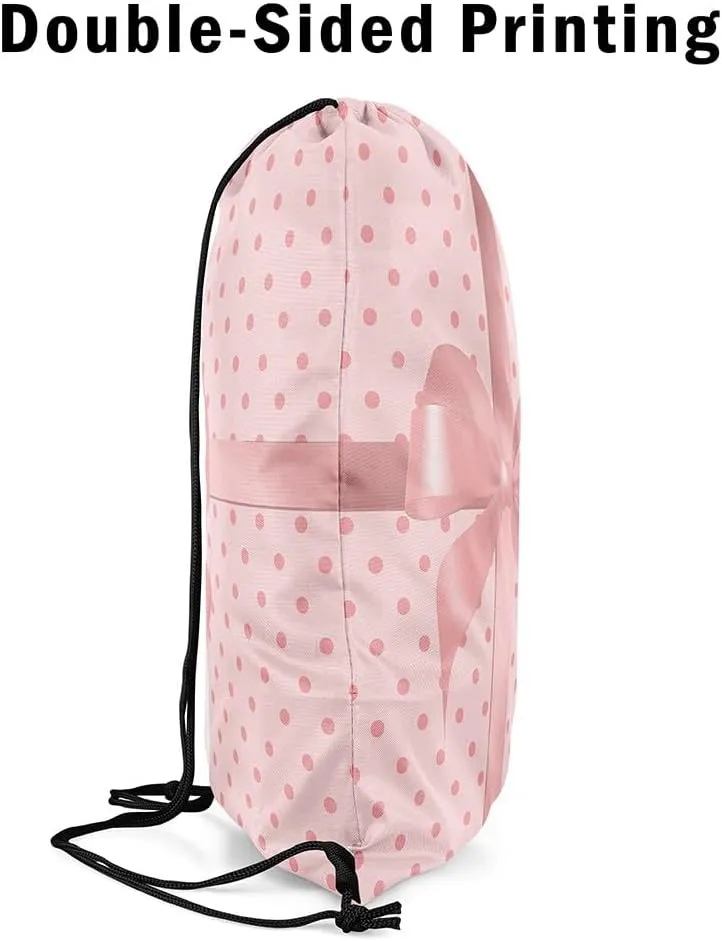 Manfei Pink Bow-tie Drawstring Backpack Bag,Cute Polka Dots Princess Bowknot Drawstring Bag,Large Capacity Dreamy Bow Pink Adjustable Draw String Bag