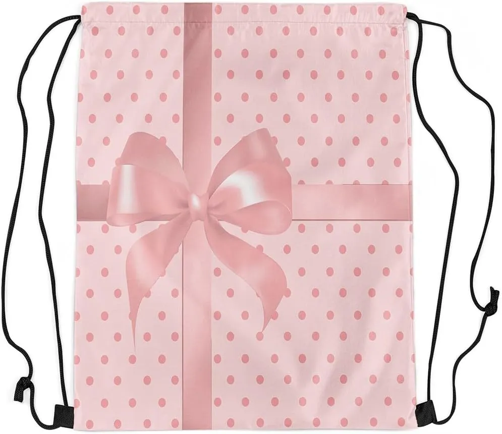Manfei Pink Bow-tie Drawstring Backpack Bag,Cute Polka Dots Princess Bowknot Drawstring Bag,Large Capacity Dreamy Bow Pink Adjustable Draw String Bag