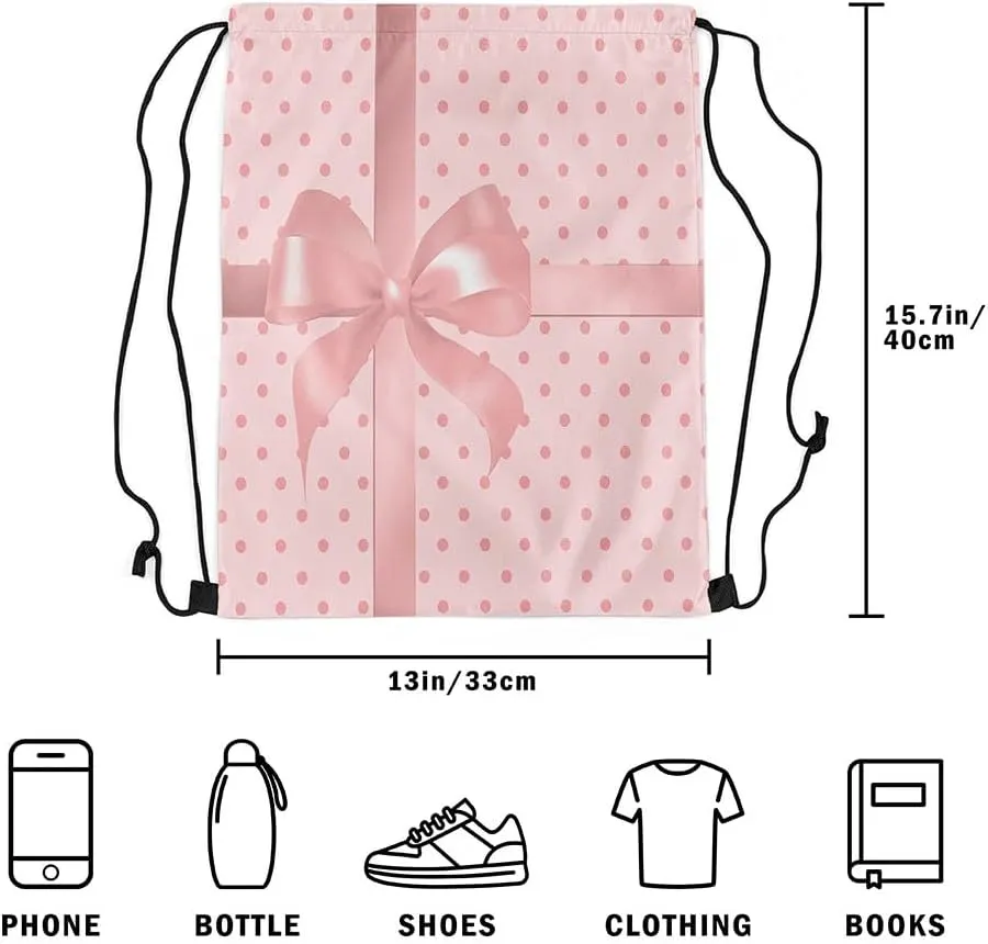 Manfei Pink Bow-tie Drawstring Backpack Bag,Cute Polka Dots Princess Bowknot Drawstring Bag,Large Capacity Dreamy Bow Pink Adjustable Draw String Bag