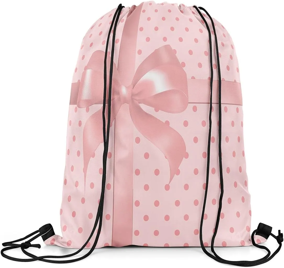 Manfei Pink Bow-tie Drawstring Backpack Bag,Cute Polka Dots Princess Bowknot Drawstring Bag,Large Capacity Dreamy Bow Pink Adjustable Draw String Bag