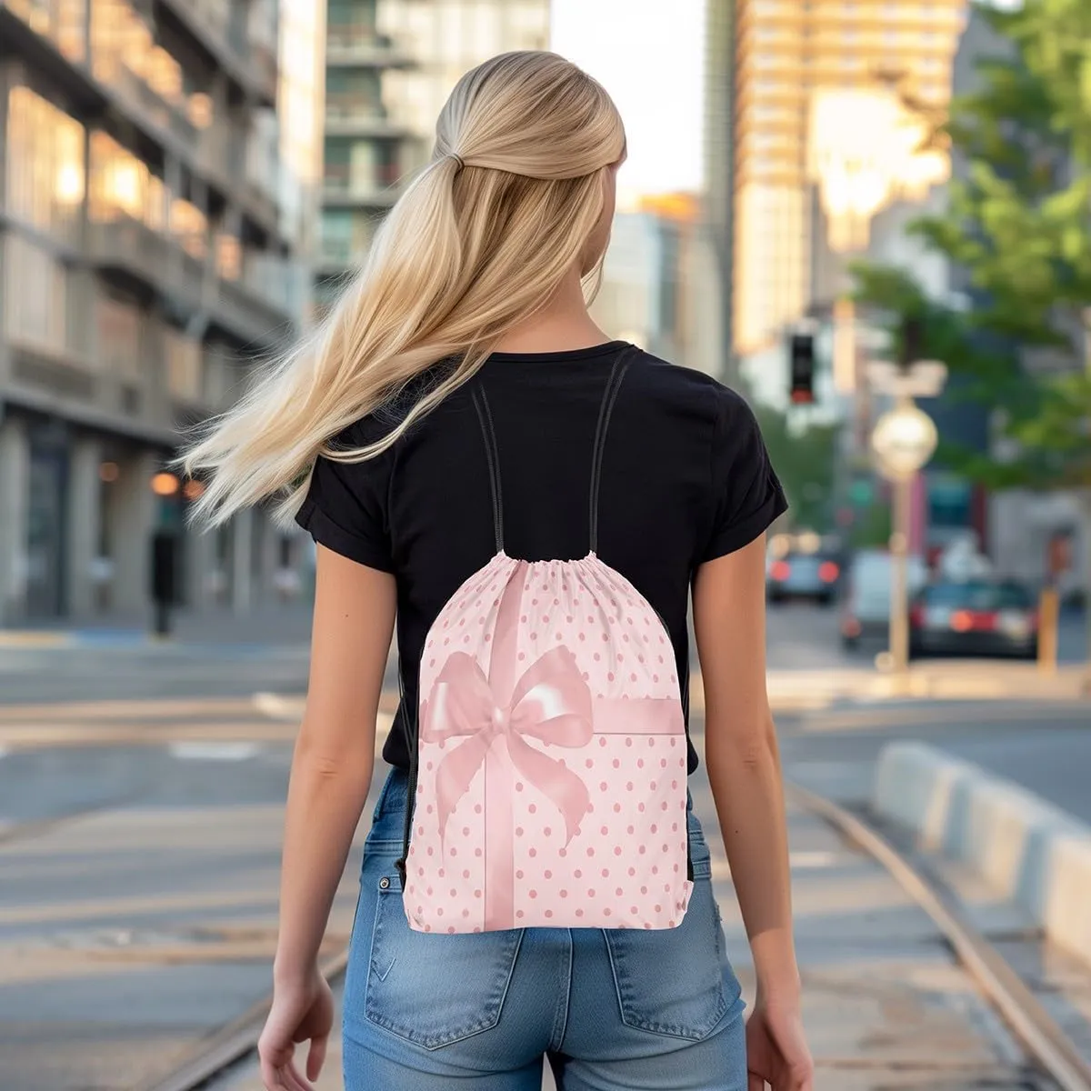 Manfei Pink Bow-tie Drawstring Backpack Bag,Cute Polka Dots Princess Bowknot Drawstring Bag,Large Capacity Dreamy Bow Pink Adjustable Draw String Bag