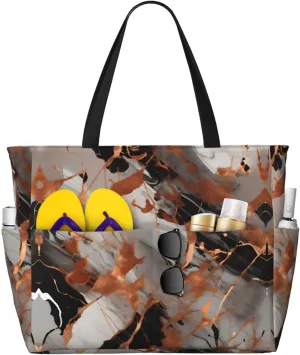 Marble Texture Copper Splatter Print Stylish Beach Tote Bag,Large Capacity Handbag,Perfect For Women'S Vacation And Daily Use