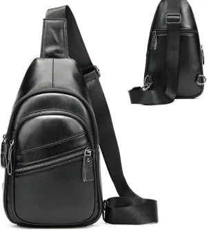 MASIWEI Genuine Leather Sling Bag Crossbody Men Casual Women Travel Daypacks Chest Bag Shoulder Backpack, black