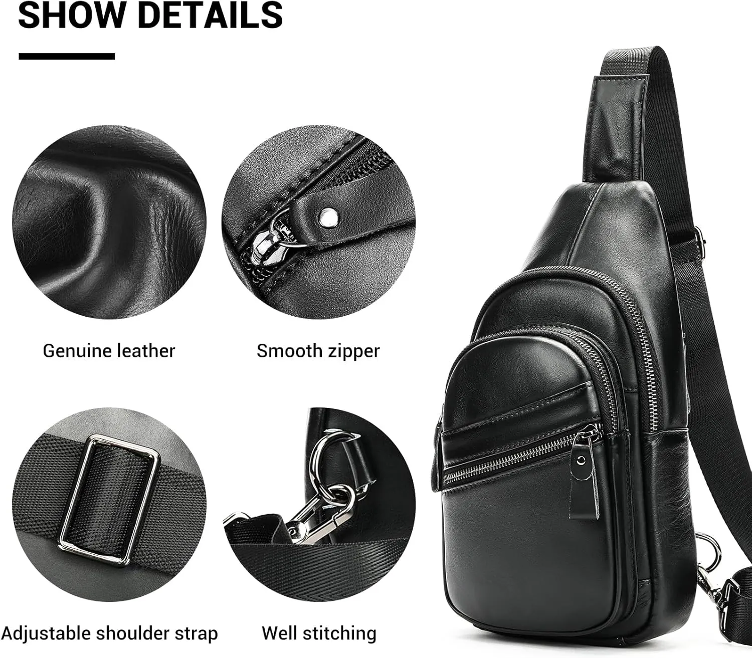 MASIWEI Genuine Leather Sling Bag Crossbody Men Casual Women Travel Daypacks Chest Bag Shoulder Backpack, black
