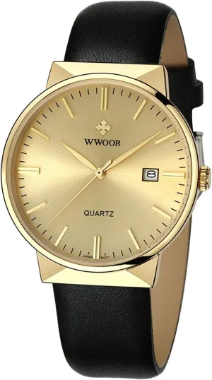 MASTOP Ultra-Thin Quartz Analog 30M Waterproof Date Watch Black Leather Strap Business Mens Watches