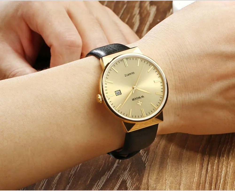 MASTOP Ultra-Thin Quartz Analog 30M Waterproof Date Watch Black Leather Strap Business Mens Watches