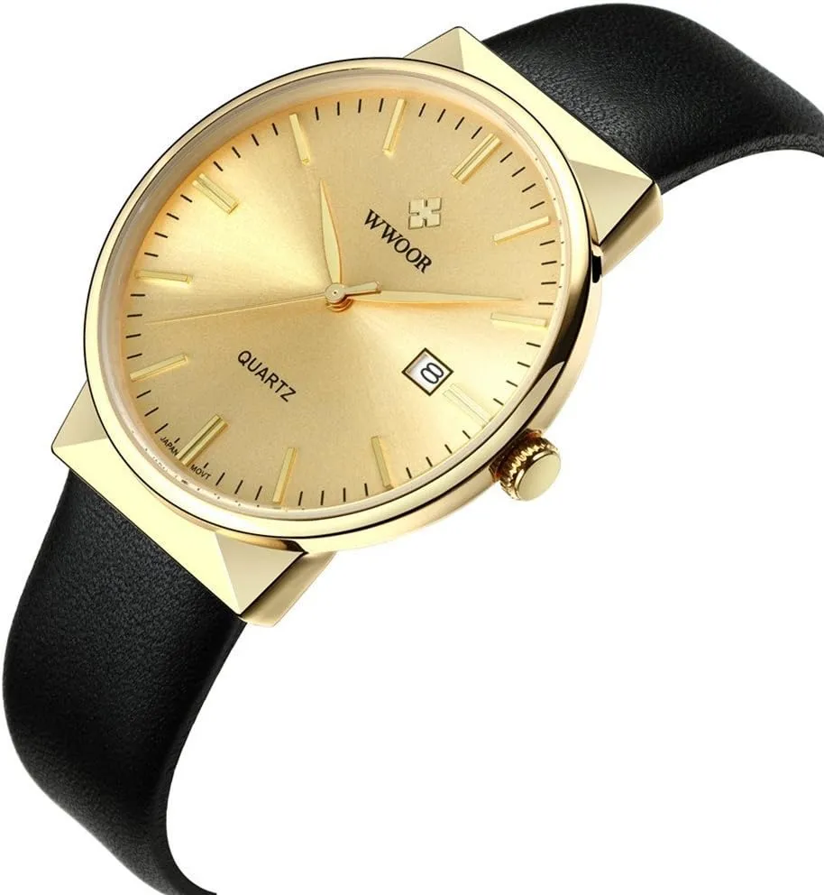 MASTOP Ultra-Thin Quartz Analog 30M Waterproof Date Watch Black Leather Strap Business Mens Watches