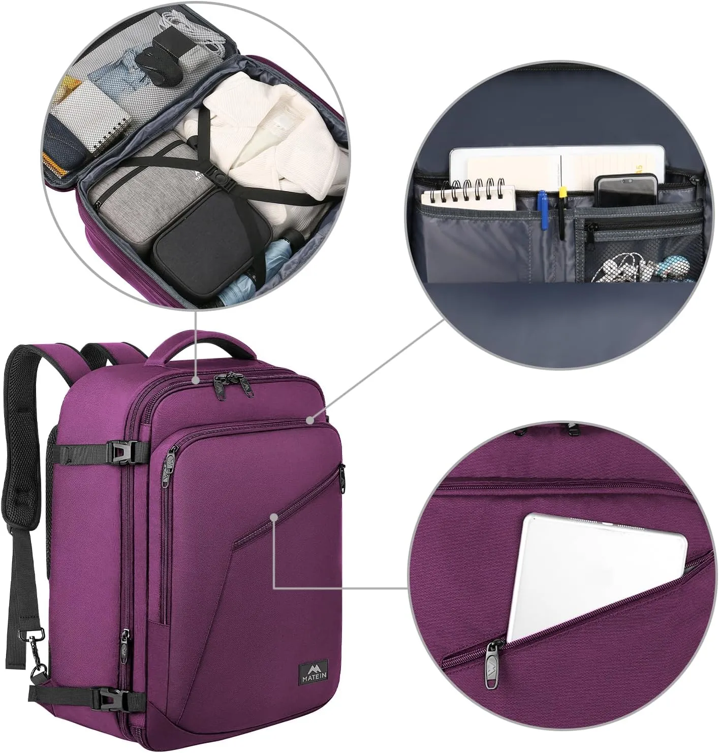MATEIN Travel Backpack for Women, Expandable Flight Approved Carry on Backpack, Water Resistant Lightweight Suitcase, Large Business Weekender Daypack, Gift for Traveler, Purple