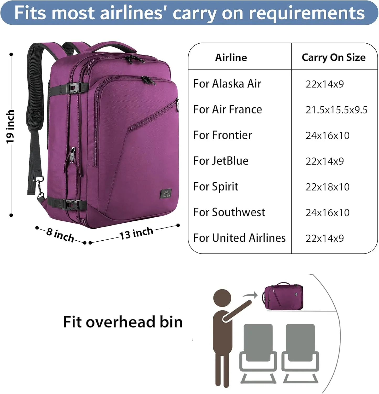 MATEIN Travel Backpack for Women, Expandable Flight Approved Carry on Backpack, Water Resistant Lightweight Suitcase, Large Business Weekender Daypack, Gift for Traveler, Purple