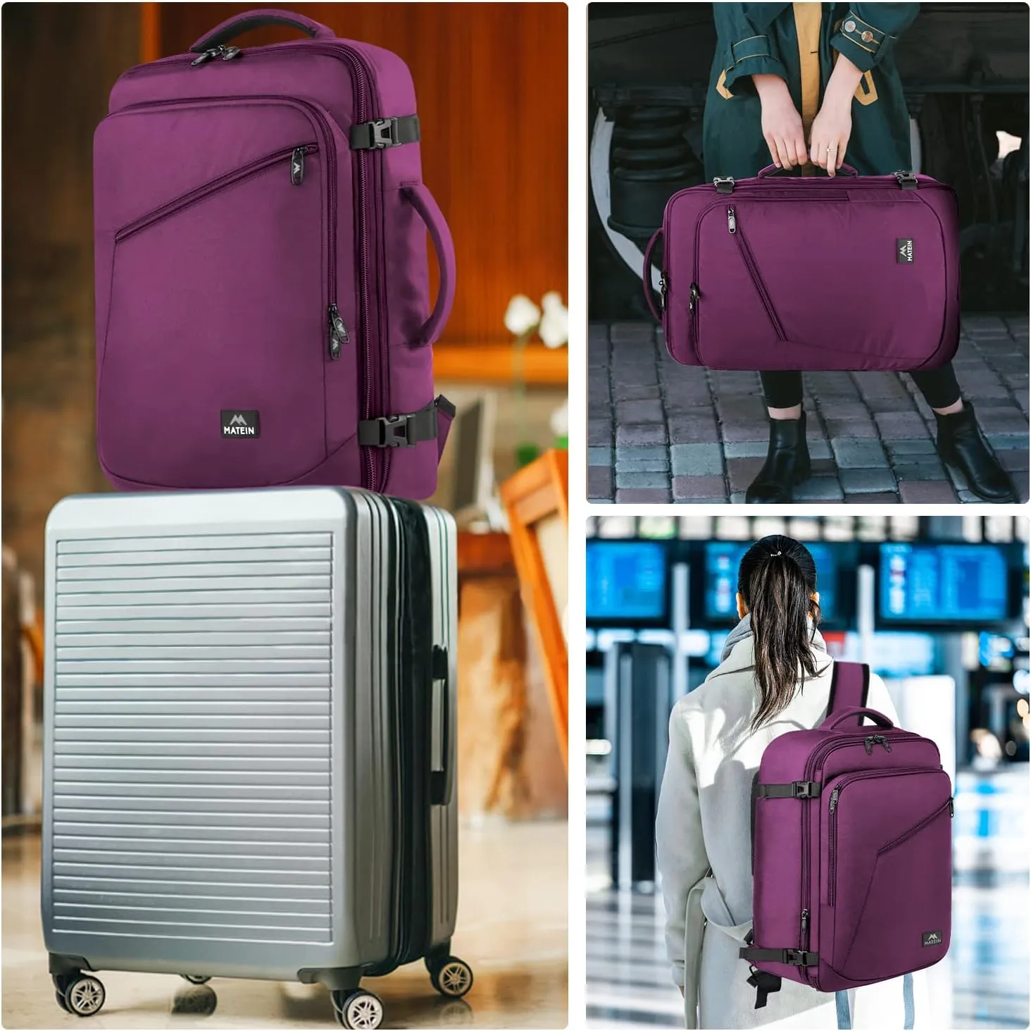 MATEIN Travel Backpack for Women, Expandable Flight Approved Carry on Backpack, Water Resistant Lightweight Suitcase, Large Business Weekender Daypack, Gift for Traveler, Purple