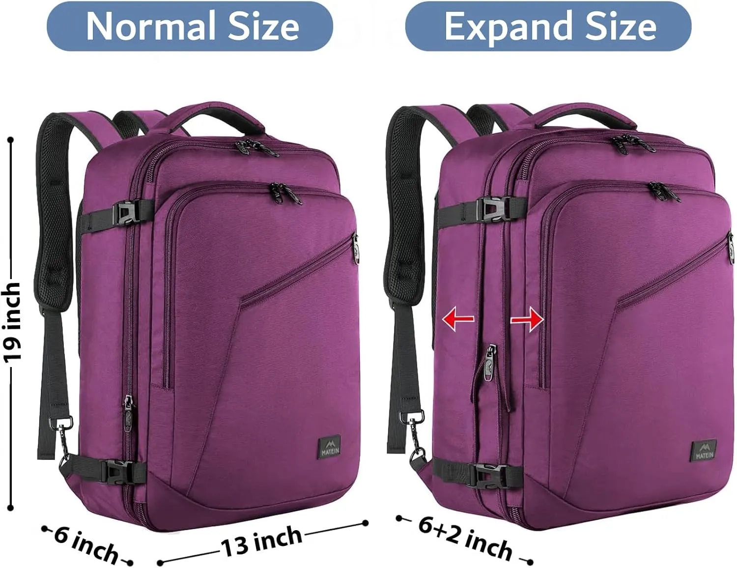 MATEIN Travel Backpack for Women, Expandable Flight Approved Carry on Backpack, Water Resistant Lightweight Suitcase, Large Business Weekender Daypack, Gift for Traveler, Purple
