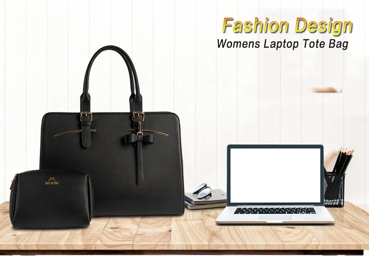 MATEIN Womens Briefcase, Large Waterproof PU Leather Work Laptop Tote Bag with USB Charging Port Casual Computer Shoulder Bag Messenger fits 15.6 Inch, Business Handbag Satchel Purse 2pcs Set,Black