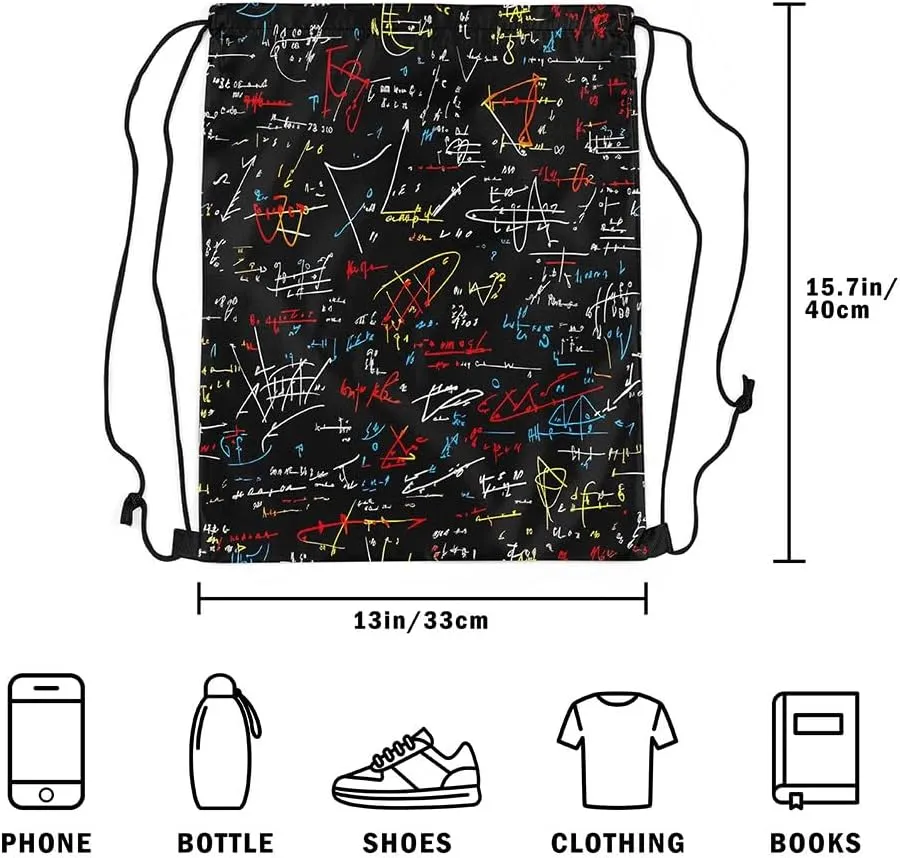 Mathematics formula Apron 13X15.7,Math Equation Waterproof Drawstring Bags,Start of School Season Draw String Back Bag for Sport Gym Swim Yoga Camping Traveling Trip,Black