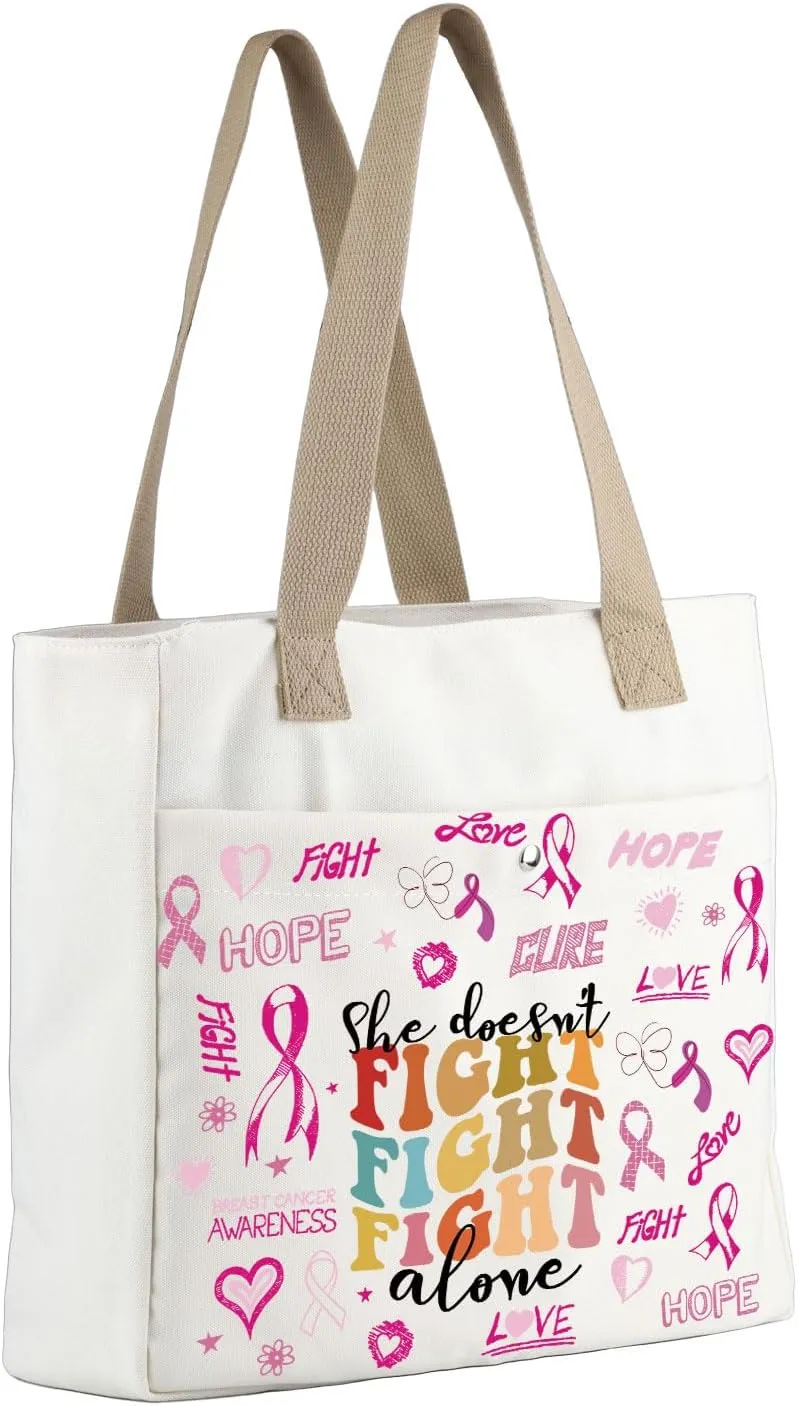 MBMSO Breast Cancer Gift Pink Ribbon Breast Cancer Large Tote She Doesn't Fight Alone Support Awareness Gift for Survivor Bag