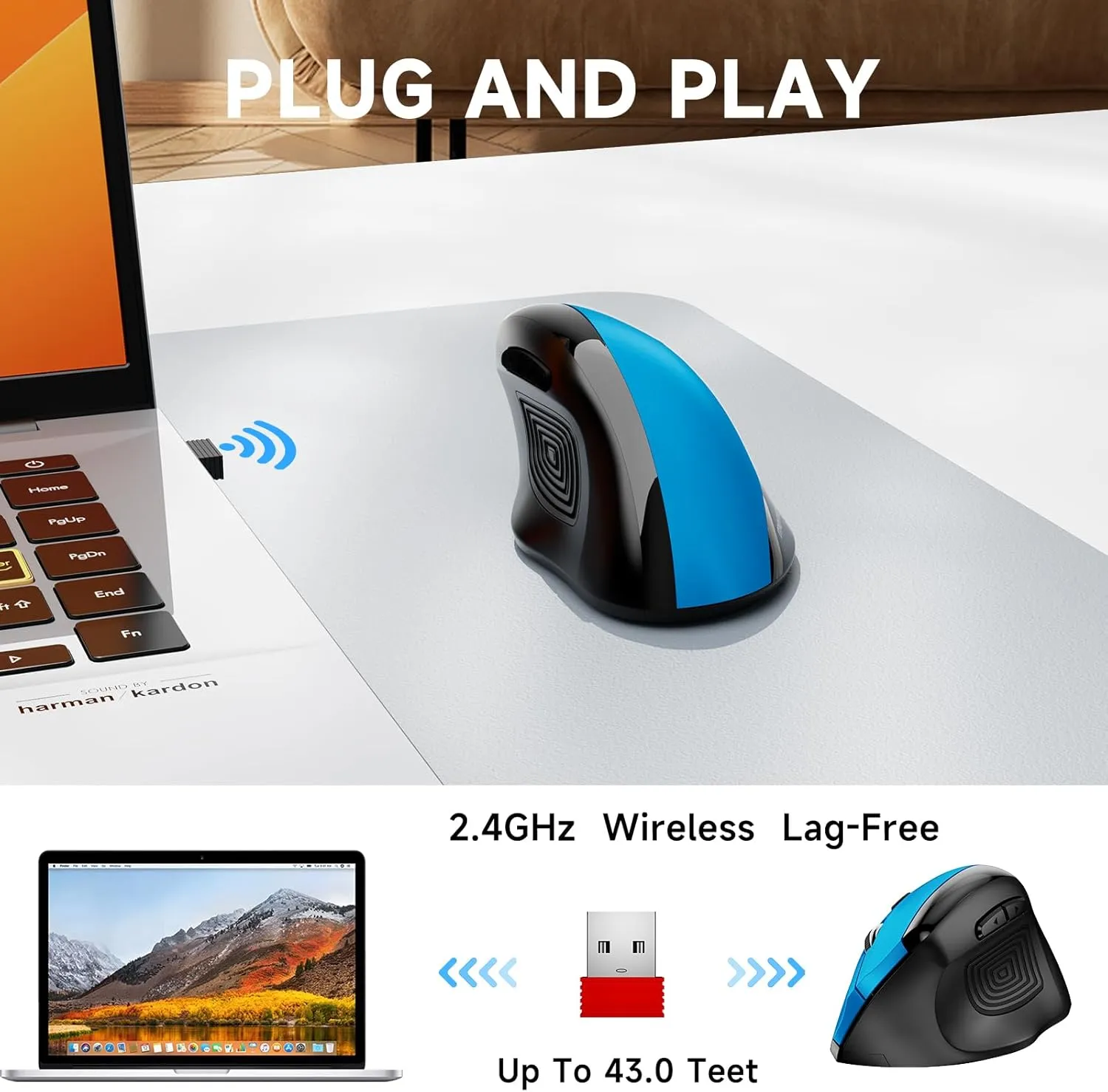 memzuoix Ergonomic Mouse Wireless,2.4G Optical Cordless Mice with 800/1200/1600 DPI,Vertical Computer Wireless Mouse for Laptop, Mac,PC,Desktop (for Right Hand, Large),Blue Mouse