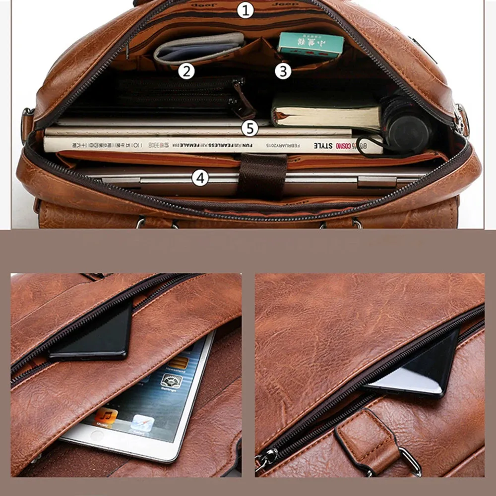Men Retro Briefcase Bag Classical PU Leather Luxury Brand Business Handbag Crossbody Shoulder Bag Genuine Leather Laptop Bag