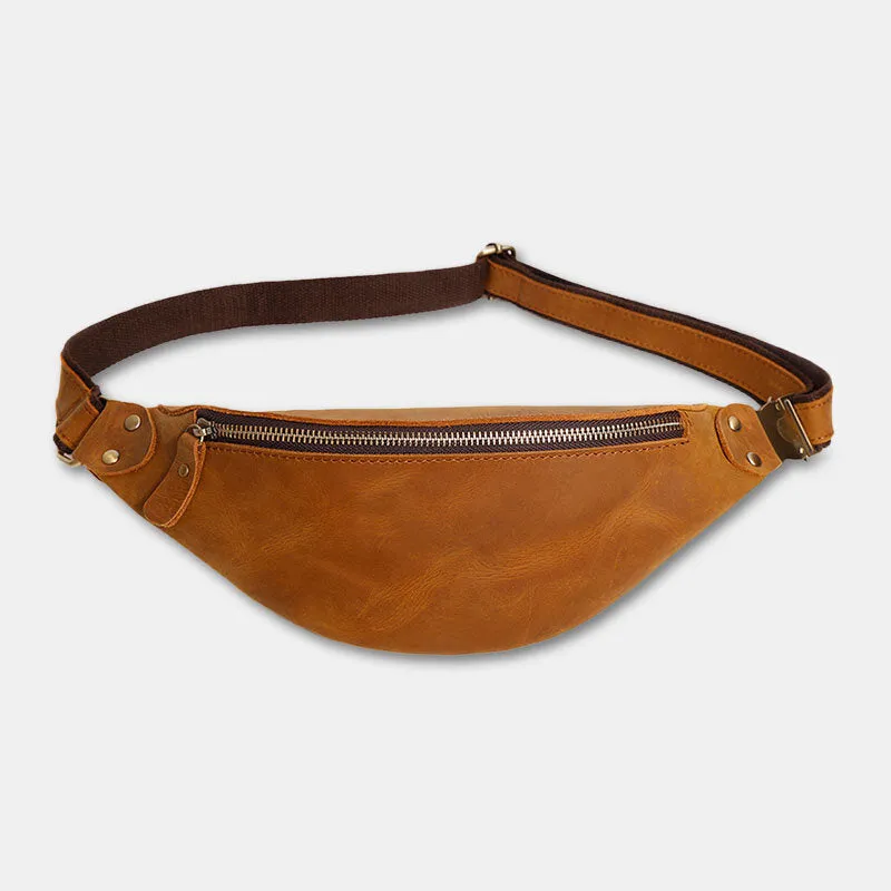Men Retro Genuine Leather Zipper Chest Bag Outdoor Sport Phone Bag Waist Bag Shoulder Bag Crossbody Bags