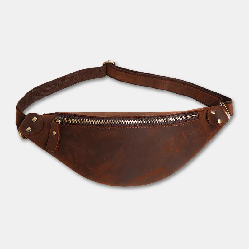 Men Retro Genuine Leather Zipper Chest Bag Outdoor Sport Phone Bag Waist Bag Shoulder Bag Crossbody Bags